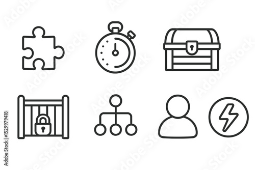 Game Mechanics Icons. Line style icons of game mechanics: puzzle piece, timer countdown, reward chest, virtual currency, unlock