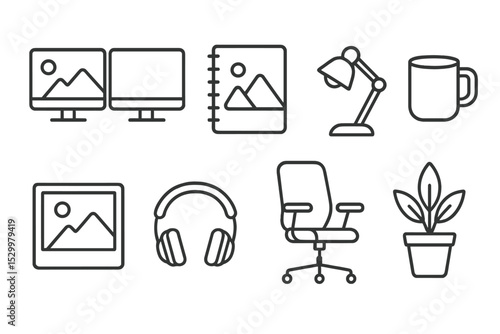 Artist Workspace Icons. Line style icons of artist workspace: dual monitor, sketchbook, desk lamp, coffee mug, reference photo,