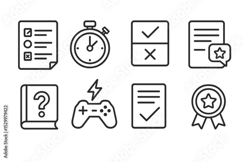 Game Assessment Icons. Line style icons of game-based assessments: score sheet, timer, pass/fail icon, feedback report, question