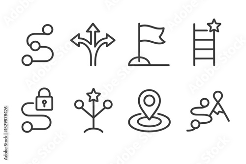 Learning Pathway Icons. Line style icons of learning pathways: roadmap, branching choice, checkpoint flag, skill ladder, unlock