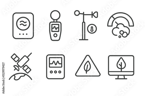 Environmental Monitoring Icons. Line style icons of environmental monitoring: air quality sensor, noise meter, weather station,