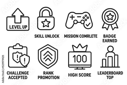 Gaming Achievement Icons. Line style icons of gaming achievements: level up, skill unlock, mission complete, badge earned,