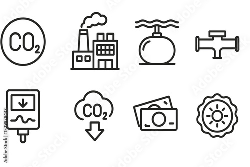Carbon Capture Icons. Line style icons of carbon capture and storage: CO2 molecule, capture plant, storage tank, pipeline,