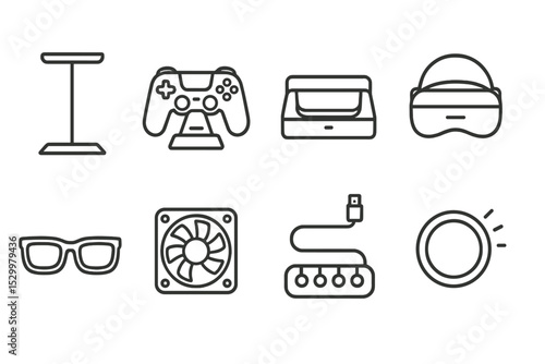 Gaming Accessories Icons. Line style icons of gaming accessories: headset stand, controller charger, console dock, VR headset,