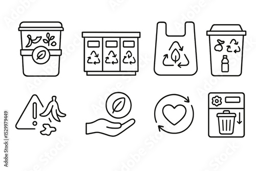 Eco-Friendly Waste Solutions. Line style icons of kitchen waste management: compost bin, recycling station, biodegradable bags,
