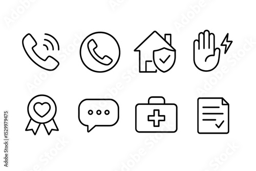 Crisis Support Icons. Line style icons of crisis support: emergency phone, hotline icon, safe shelter, urgent help, support badge,