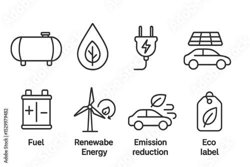 Alternative Fuel Icons. Line style icons of alternative fuels: hydrogen tank, biofuel drop, electric plug, solar panel car, fuel