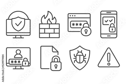 Cybersecurity Icons. Line style icons of cybersecurity at work: VPN, firewall, password manager, two-factor authentication, secure