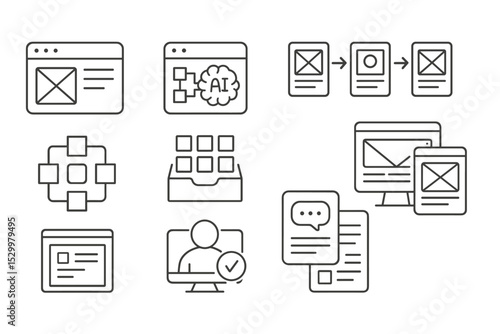AI Design Icons. Line style icons of AI user interface design: wireframe, prototyping tool, user flow, design system, component