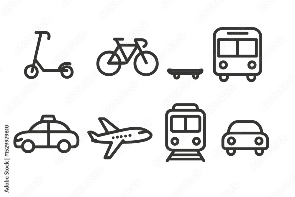 Transportation Line Icons. Line style icons for transportation: scooter, bicycle, skateboard, bus, taxi, airplane, train, car. No Transportation Line Icons. Line style icons for transportation: scooter, bicycle, skateboard, bus, taxi, airplane, train, car. No