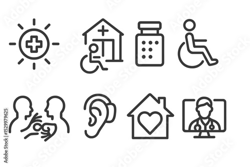 Healthcare Accessibility Icons. Line style icons for healthcare accessibility: medical alert, accessible clinic, braille
