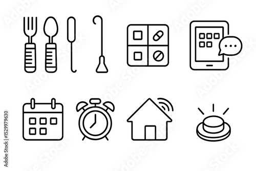 Daily Living Aid Icons. Line style icons for daily living aids: adaptive utensils, dressing aid, medication organizer,