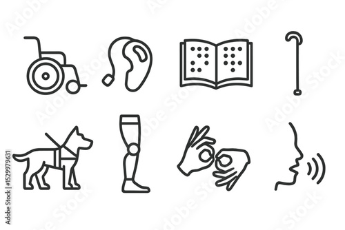 Accessibility Tools Icons. Line style icons for accessibility tools: wheelchair, hearing aid, braille book, cane, assistive dog,