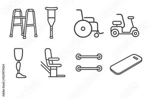 Mobility Aids Icons. Line style icons for mobility aids: walker, crutches, wheelchair, scooter, prosthetic leg, stairlift, grab