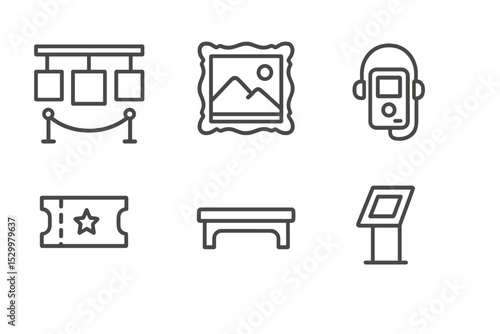 Museum Line Icons. Line style icons for museums and galleries: gallery wall, painting frame, exhibition stand, audio guide, ticket