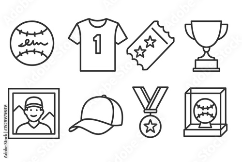 Sports Memorabilia Icons. Line style icons for sports memorabilia: signed ball, jersey, ticket stub, trophy, photo, cap, medal,