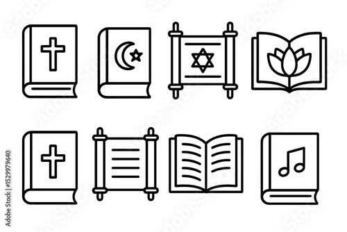 Holy Text Icons. Line style icons for holy texts: bible, quran, torah, sutra, prayer book, scripture scroll, religious manuscript,