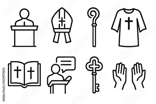 Religious Leadership Icons. Line style icons for religious leadership: pulpit, mitre, staff, robes, scripture, sermon, church key,