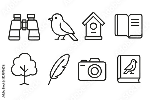 Birdwatching Hobby Icons. Line style icons for birdwatching hobbies: binoculars, bird, birdhouse, notebook, tree, feather, camera,