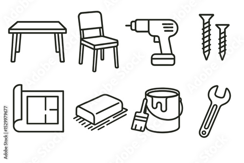 DIY Furniture Icons. Line style icons for DIY furniture: table, chair, drill, screws, blueprint, sanding block, paint can, wrench.