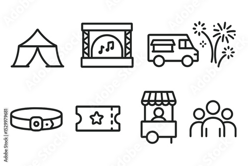 Festival Icon Set. Line style icons for festivals: tent, stage, food truck, fireworks, wristband, ticket, vendor, crowd. No text,