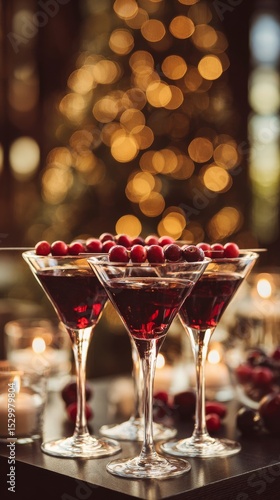 Festive Cocktails With Berries Against a Sparkling Holiday Backdrop in a Cozy...