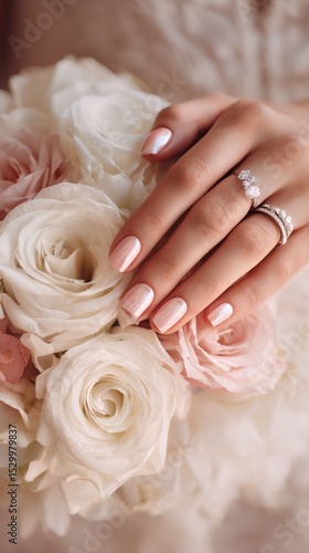 Elegant Bridal Hand Resting on a Bouquet of White Roses With Soft Petals and ...