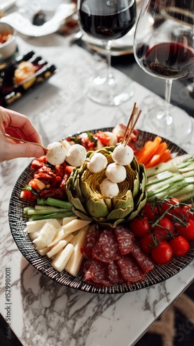 Elegant Food Platter With Fresh Vegetables, Cheeses, and Meats at a Dining Ta...