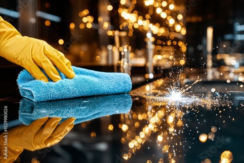 Hand in Yellow Glove Wipes Kitchen Sink With Blue Cloth During Bright Dayligh...