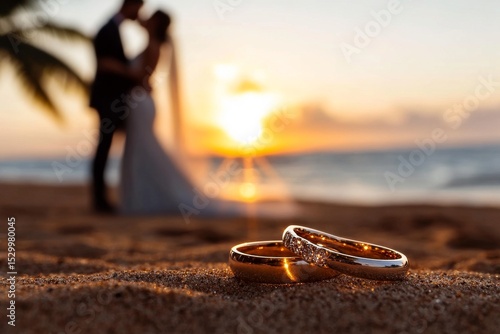 Beautiful Sunset Beach Wedding With Rings and Couple Embracing at the Shoreline