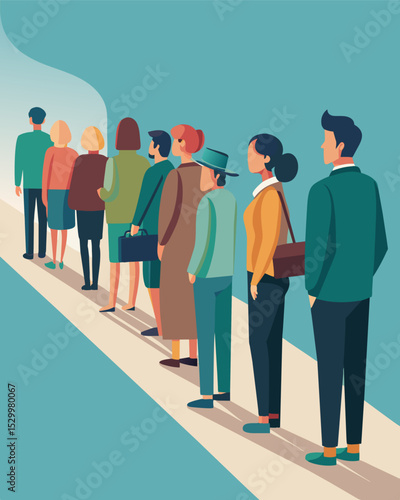 A long line of unemployed individuals waiting to apply for government assistance highlighting the widespread joblessness in the community.. Vector illustration