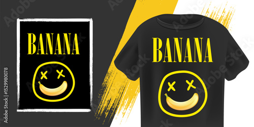 Banana Nirvana T-Shirt Design Vector Black Tee with Yellow Text and Funny Banana Smiling Face, Trendy Graphic Apparel for Casual Style and Pop Culture Fans