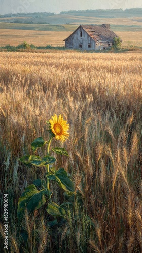 Vibrant Sunflower Stands Tall in Golden Wheat Field Near Historic Barn at Sun...