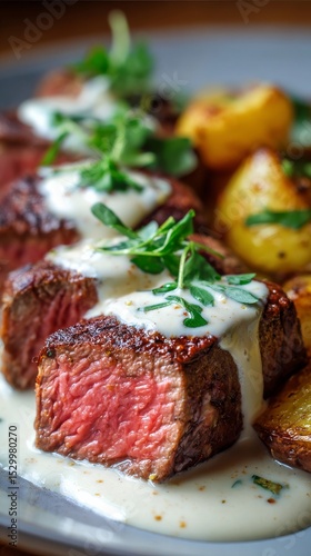 Delicious Steak Cooked to Perfection With Roasted Potatoes and Creamy Sauce