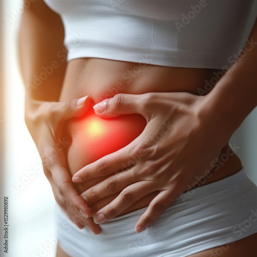 Wallpaper Mural Hands pressing on stomach indicating pain or discomfort. Torontodigital.ca