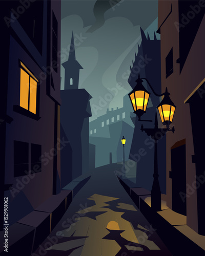 The gaslights flicker was the only source of light in the desolate alleyway casting an unsettling atmosphere.. Vector illustration