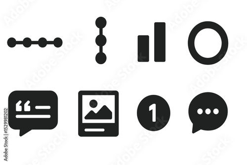 Solid Icon Infographics. Solid style icons of visual storytelling and infographic UI: timeline icon, vertical process, compare
