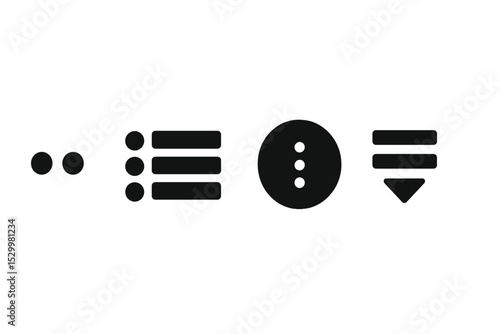 Solid Menu Icons. Solid style icons of contextual and overflow menus: overflow icon, three dots with menu lines, hidden options