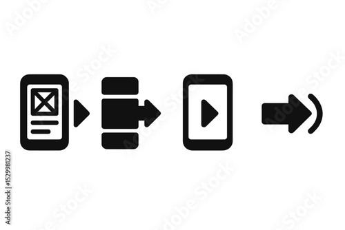 UI Design Icons. Solid style icons of design and prototype UI: next wireframe icon, prototype forward step, UI animation continue,