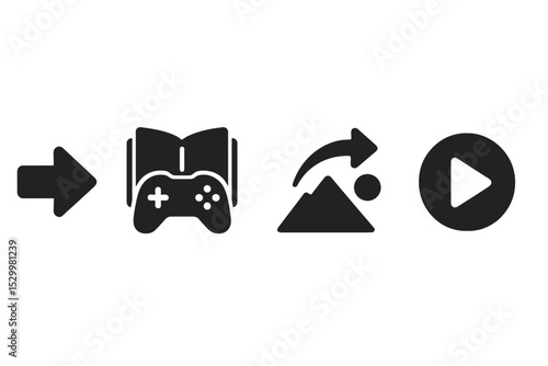 Game Interaction Icons. Solid style icons of game and interaction flow: next level arrow, game story continue, scene change icon,