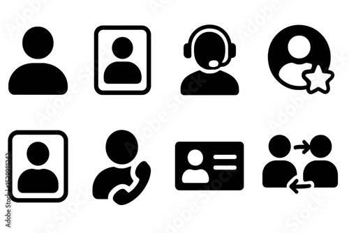 CRM User Icons. Solid style icons of customer and CRM users: client icon, customer profile, support user, lead badge, CRM profile,