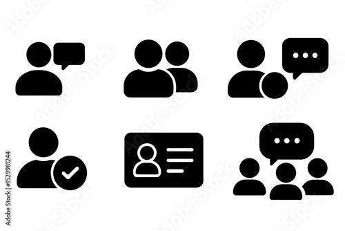 Social User Icons. Solid style icons of social users: user with chat bubble, friend icon, followers group, user comment icon,