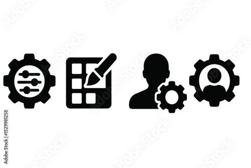 Customization Icons. Solid style icons of customization and preferences: gear with sliders, custom options icon, personal settings