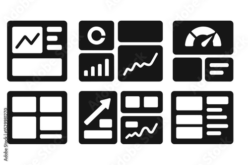 Digital Marketing Dashboard Icons. Solid style icons of dashboard in digital marketing: analytic panels, widget layout, metric