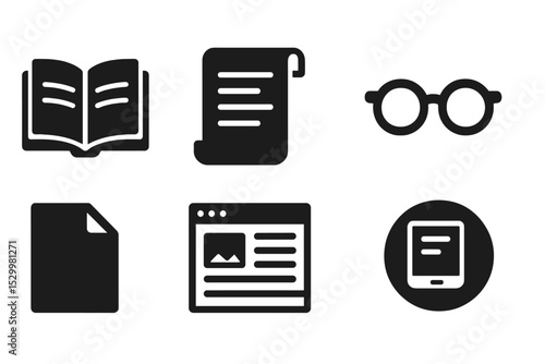 Digital Reading Icons. Solid style icons of reading in digital marketing: open book icon, content scroll, article sheet, reading