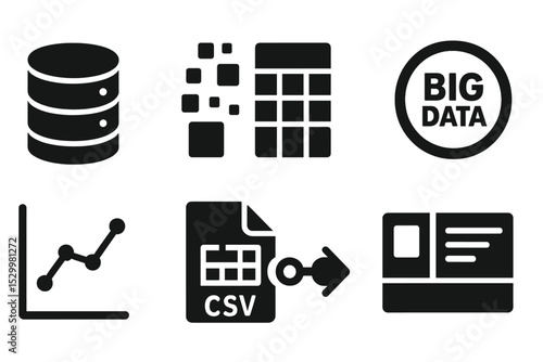 Digital Data Icons. Solid style icons of data in digital marketing: database icon, raw data symbol, structured table, big data