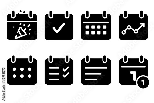 Digital Marketing Calendars. Solid style icons of calendar in digital marketing: event calendar, schedule block, monthly view,