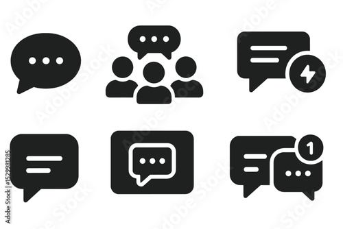 Solid Chat Icons. Solid style icons of remote chats: chat bubble, team discussion icon, message thread, live chat badge, direct
