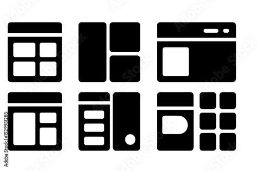 Remote Work Icons. Solid style icons of remote work interface: dashboard layout, split screen, responsive panel, tabbed window,