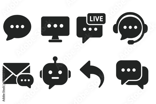 Digital Marketing Chat Icons. Solid style icons of chat in digital marketing: message bubble, chat box, live chat icon, support
